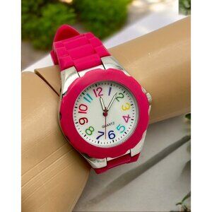 Bright Pink Silicone Quartz Watch Colorful Rainbow Numbers Silver Tone